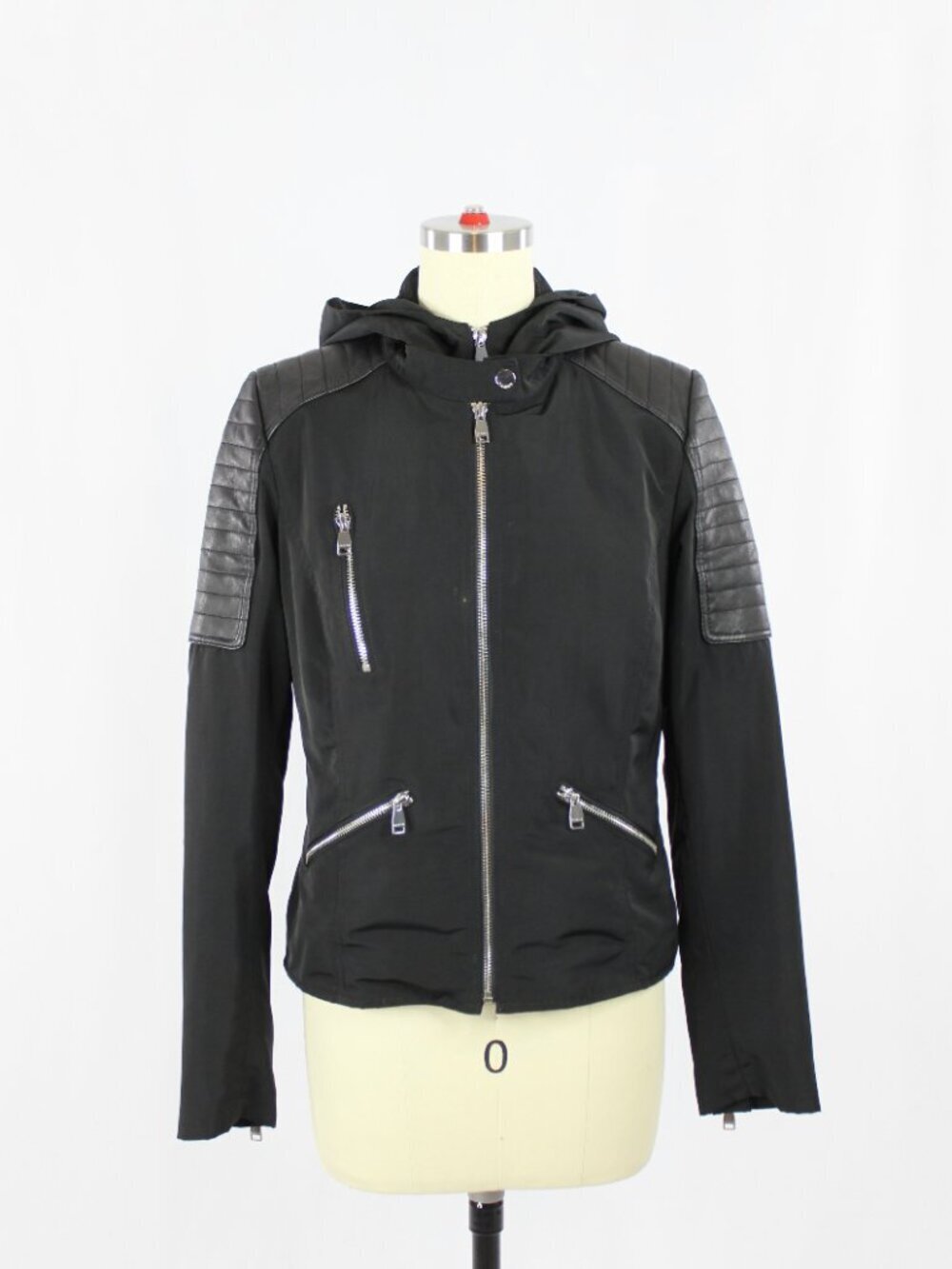DANIER Dakota Black Polyester Quilted Leather Hooded Biker Jacket, Size XS